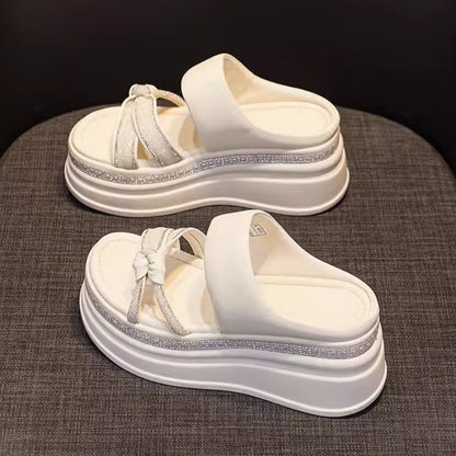 Damen Slip-On Sandalen mit Strassstein und dicker Plattform