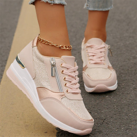 Women's Casual Mesh Lace-Up Wedge Sole Sneakers with Side Zipper