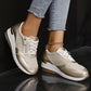 Women's Casual Mesh Lace-Up Wedge Sole Sneakers with Side Zipper