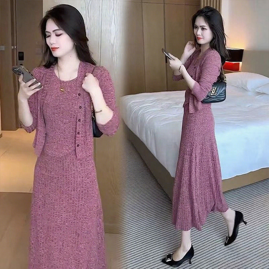 Women's Knitted Cardigan Vest and Skirt 3-Piece Set