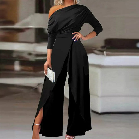 💎 50% RABATT! 💎 Eleganter einteiliger Overall mit einer Schulter für Damen – Fließende weite Beine, Wickelrock-Detail & hochwertiger atmungsaktiver Stoff