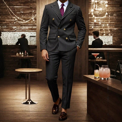 🔥Offre à durée limitée - Ensemble costume à double boutonnage à fines rayures pour homme