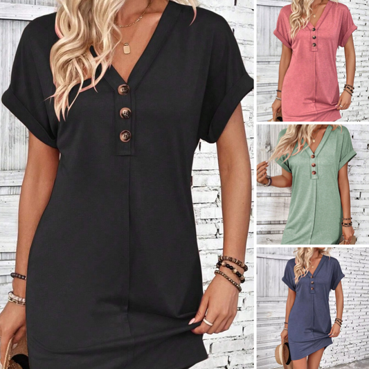 💎 -50% AUF DAS DAME KLEID MIT KNÖPFEN ! 💎 V-Ausschnitt, Rollärmel & 5 Einfarbige Farben ✨