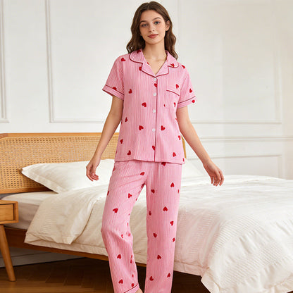 😊50 % Rabatt 🌸Damen-Pyjama-Set mit Herzprint und Streifen☁️Hautpflege, leicht wie eine Wolke