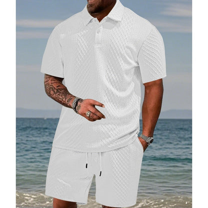 👕🩳Herren-Zweiteiler mit Rautenstruktur: Kurzarmhemd mit Kragen & Shorts mit Kordelzug🌊