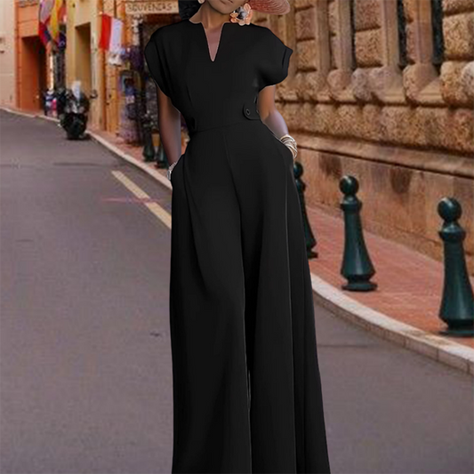 Damen V-Ausschnitt Weites Bein Jumpsuit mit Knopfdetail – Büro bis Abend