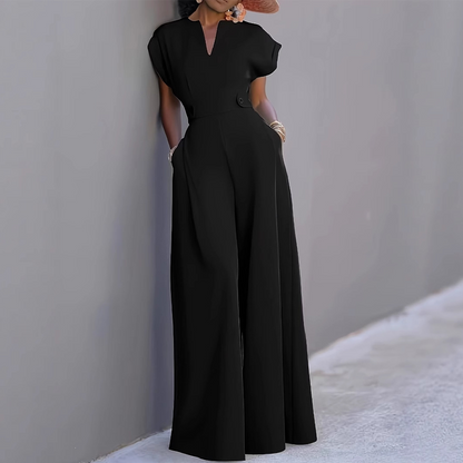 Damen V-Ausschnitt Weites Bein Jumpsuit mit Knopfdetail – Büro bis Abend