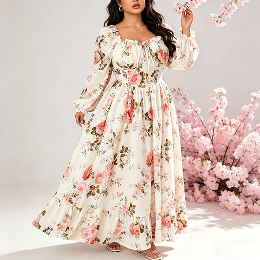 👗Maxikleid mit floralem Print, eckigem Ausschnitt und langen Ärmeln