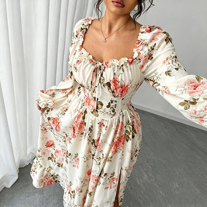 👗Maxikleid mit floralem Print, eckigem Ausschnitt und langen Ärmeln