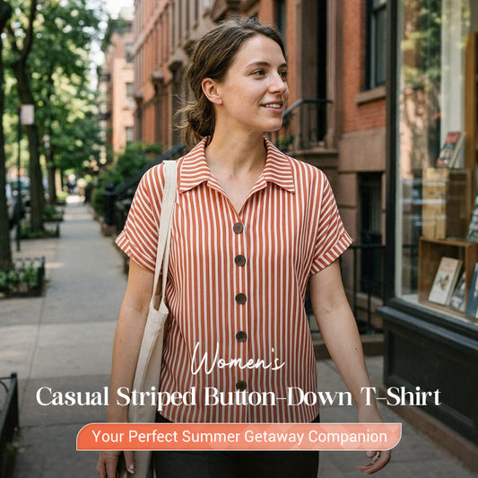 Damen Lässiges Gestreiftes Knopfleisten-T-Shirt