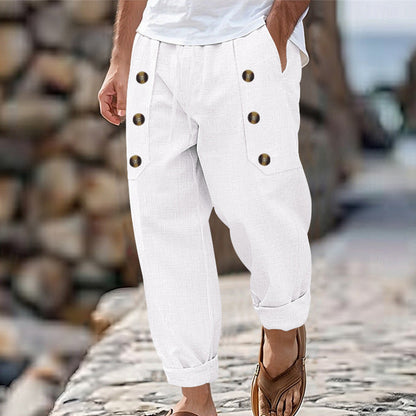 Herren Lässige Baumwoll-Leinen-Hose mit Knopfdetail