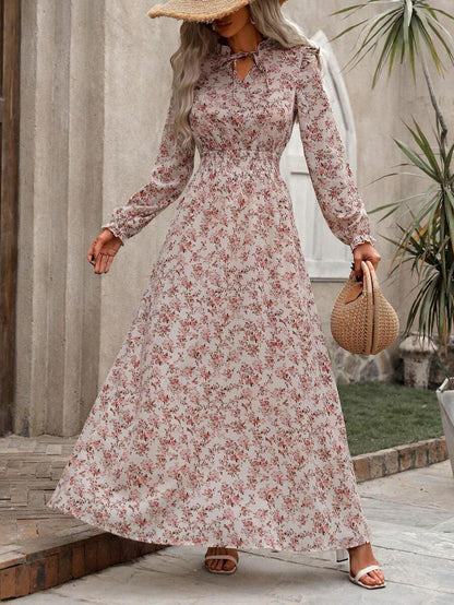 LUNE Damen Urlaubs-Stil Kleines Blumenmuster Tailliertes Maxi-Kleid