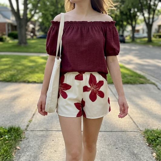 Damen schulterfreies Oberteil und Blumen-Shorts Set