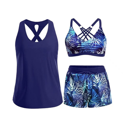 🌊 50 % RABATT FÜR BEGRENZTE ZEIT! 👙 Plus Size 3-teiliges Badeset – Tankini Top, Neckholder Bikini & Palmenprint Badeshorts, figurfreundlich für Strand & Pool