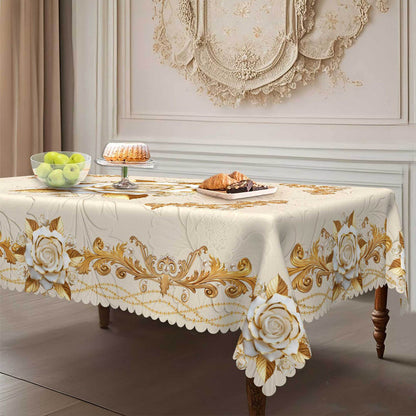 🛍️Elegantes Tischdecken-Set mit Rose & goldgeprägtem Muster – wasserdicht, ölbeständig & stilvoll – ideal für Esstisch, Couchtisch & Wohnzimmer 🌹