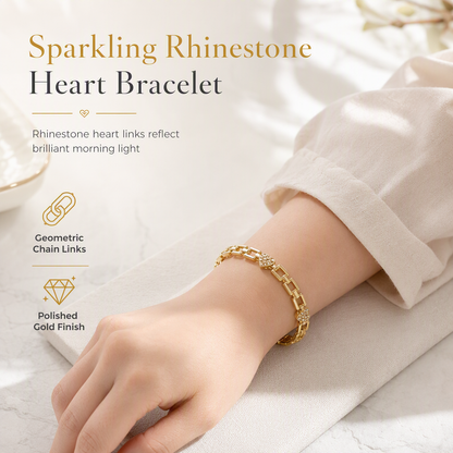 ✨50% RABATT💛Goldfarbenes Armband mit Herz-Strassdetails und geometrischer Gliederkette, schönes Schmuckstück für den Alltag💫