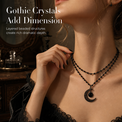 📢📢 50% RABATT!! ⏰ Gothic Perlenkette mit dunklen Kristallen & Mondsichel-Anhänger